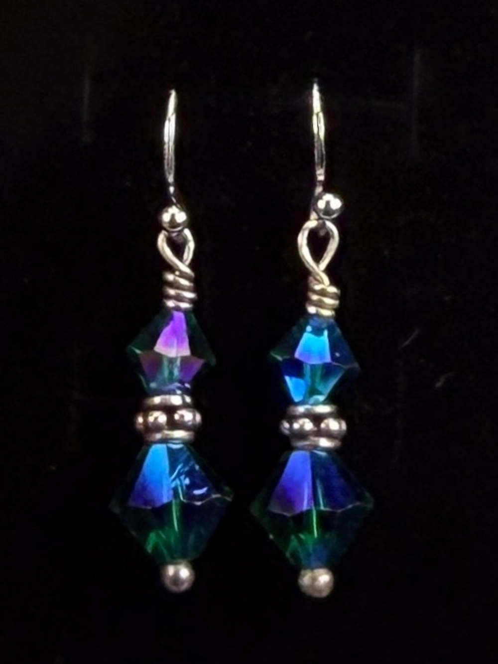 Silvertone Blue and Green Crystal Pierced Earrings - Picture 6 of 6
